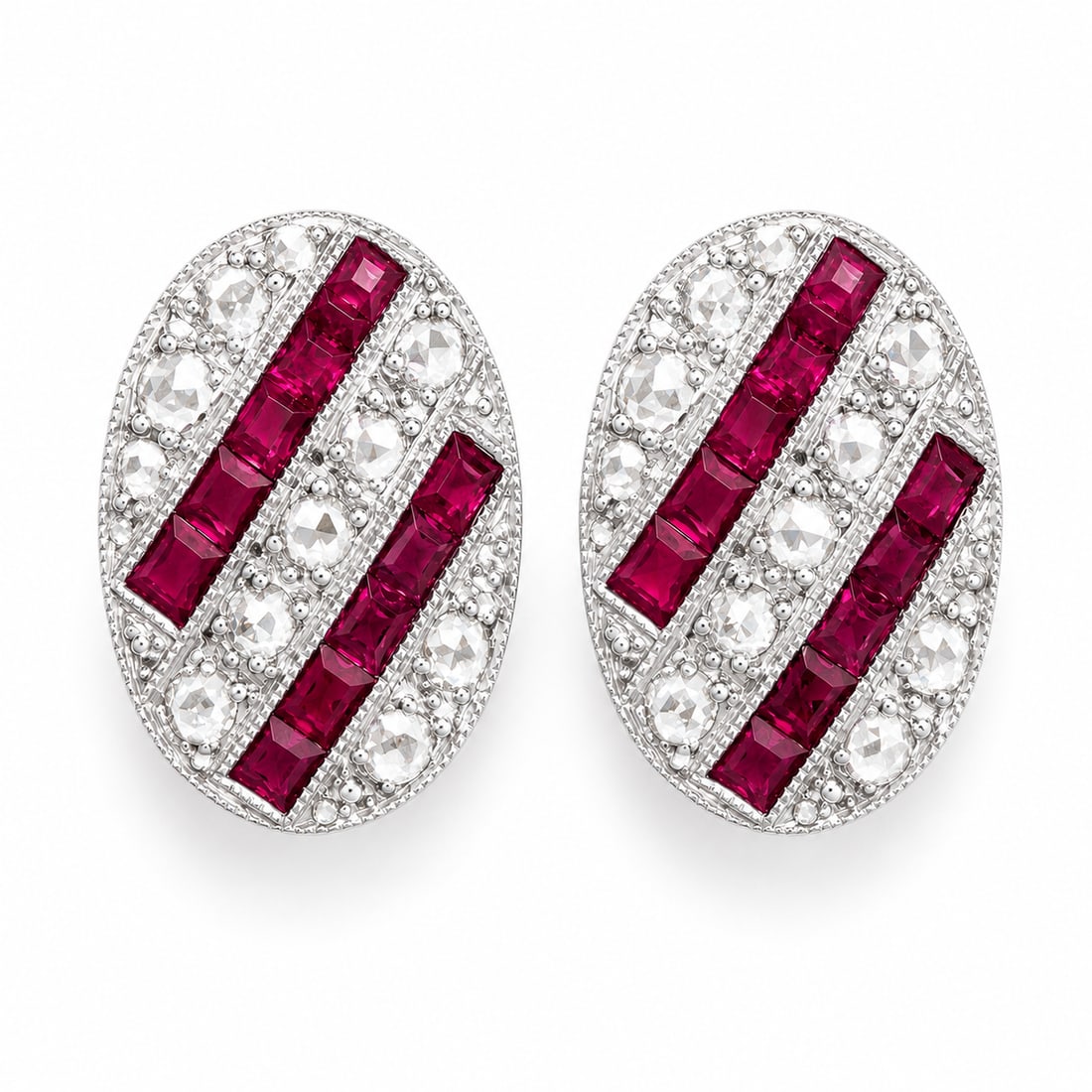 PAIR OF ART-DECO RUBY AND DIAMOND EARRINGS: PAIR OF ART-DECO RUBY AND DIAMOND EARRINGS,testing high carat gold.Rich and vibrant rubies.Diamonds bright and lively.L. 1.4 cm.