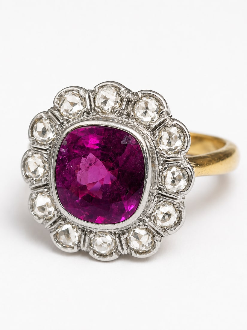 RUBY AND DIAMOND CLUSTER RING: RUBY AND DIAMOND CLUSTER RING 3.8 grams 18 ct vibrant ruby with no abrasions lively diamonds size F