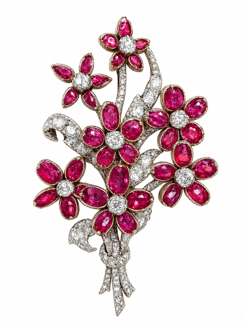 MAGNIFICENT VICTORIAN CERTIFICATED BURMA NO HEAT AND DIAMOND FLORAL BROOCH: MAGNIFICENT VICTORIAN CERTIFICATED BURMA NO HEAT AND DIAMOND FLORAL BROOCH 24.8 grams. gold back.Rich and vibrant rubies, approx. 14.50 ct. (Certificated, Burma, No Heat).Diamonds bright and lively.