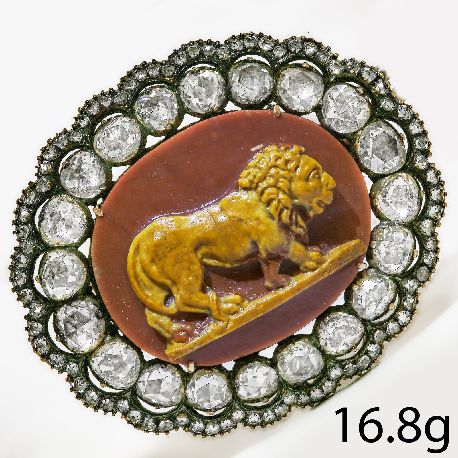IMPORTANT AND FANTASTIC LION CAMEO AND DIAMOND BROOCH (1 of 1)