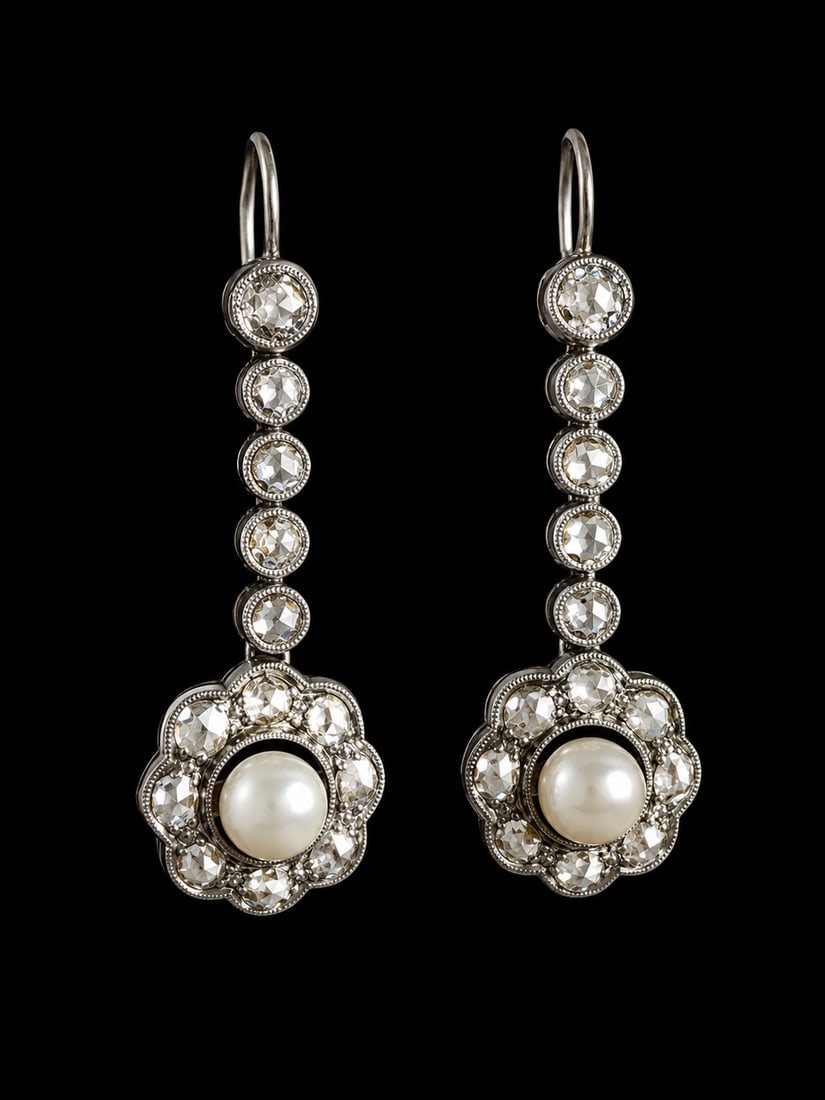 BELLE EPOQUE DIAMOND AND PEARL EARRINGS: BELLE EPOQUE DIAMOND AND PEARL EARRINGS 6.1 grams platinum pearls well matched, believed to be natural bright lively diamonds L 3.2 cm