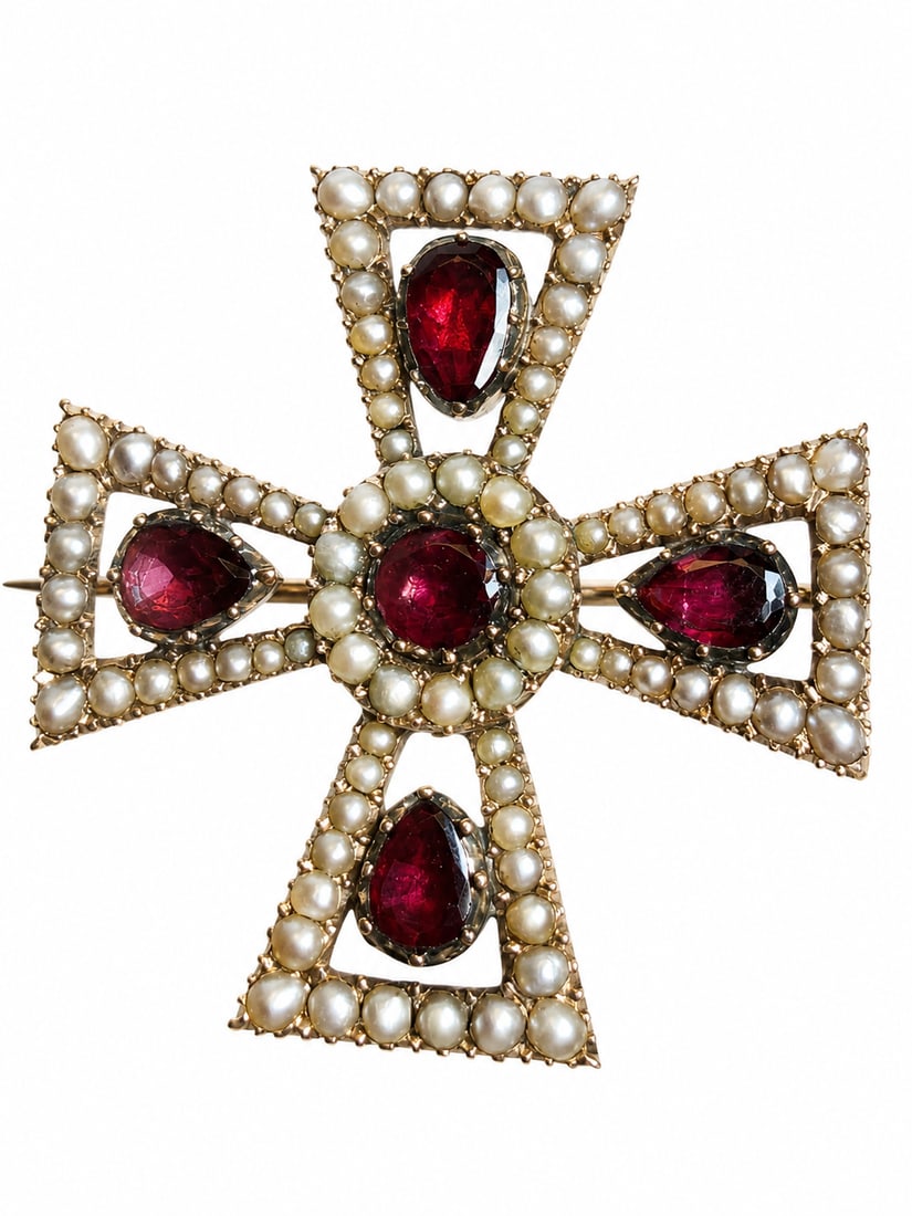 ANTIQUE GARNET AND PEARL MALTESE CROSS GOLD BROOCH (1 of 1)