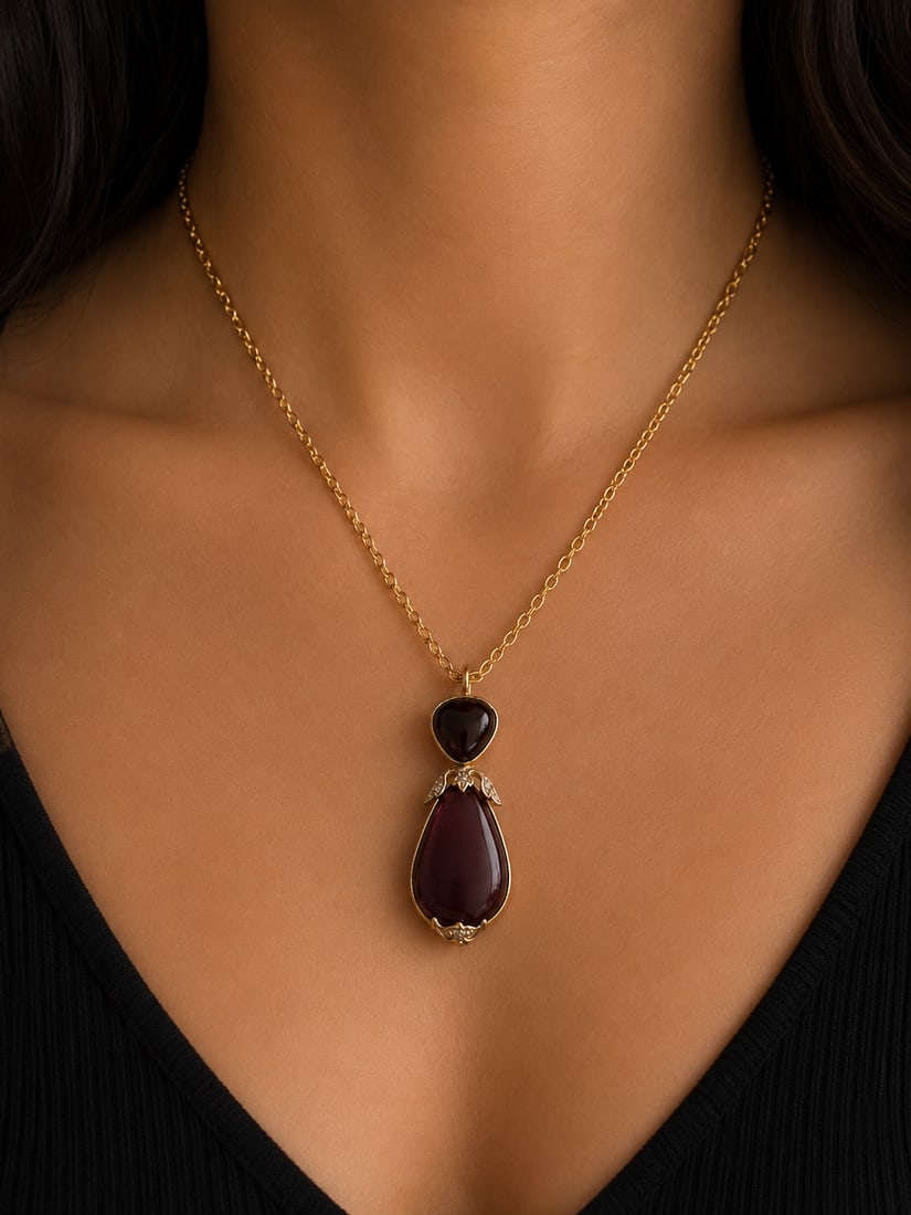 ANTIQUE GOLD GARNET AND DIAMOND PENDANT WITH YELLOW METAL CHAIN NECKLACE,: ANTIQUE GOLD GARNET AND DIAMOND PENDANT WITH YELLOW METAL CHAIN NECKLACE,PENDANT 7.4 grams. Total 12.8 grams.vibrant matching garnets lively diamonds L 4,7 cm.