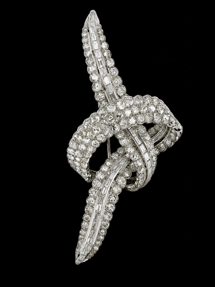 ELEGANT LARGE DIAMOND BROOCH: ELEGANT LARGE DIAMOND BROOCH 19.4 grams high carat gold bright lively diamondsapprox 10.50 ct in excellent condition W 7.8 cm L 3.5 cm