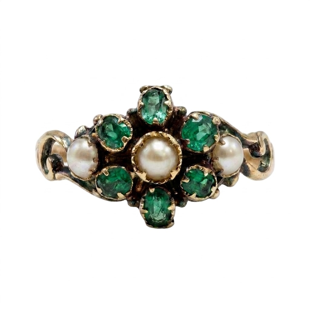 ANTIQUE EMERALD AND PEARL CLUSTER RING, (1 of 1)
