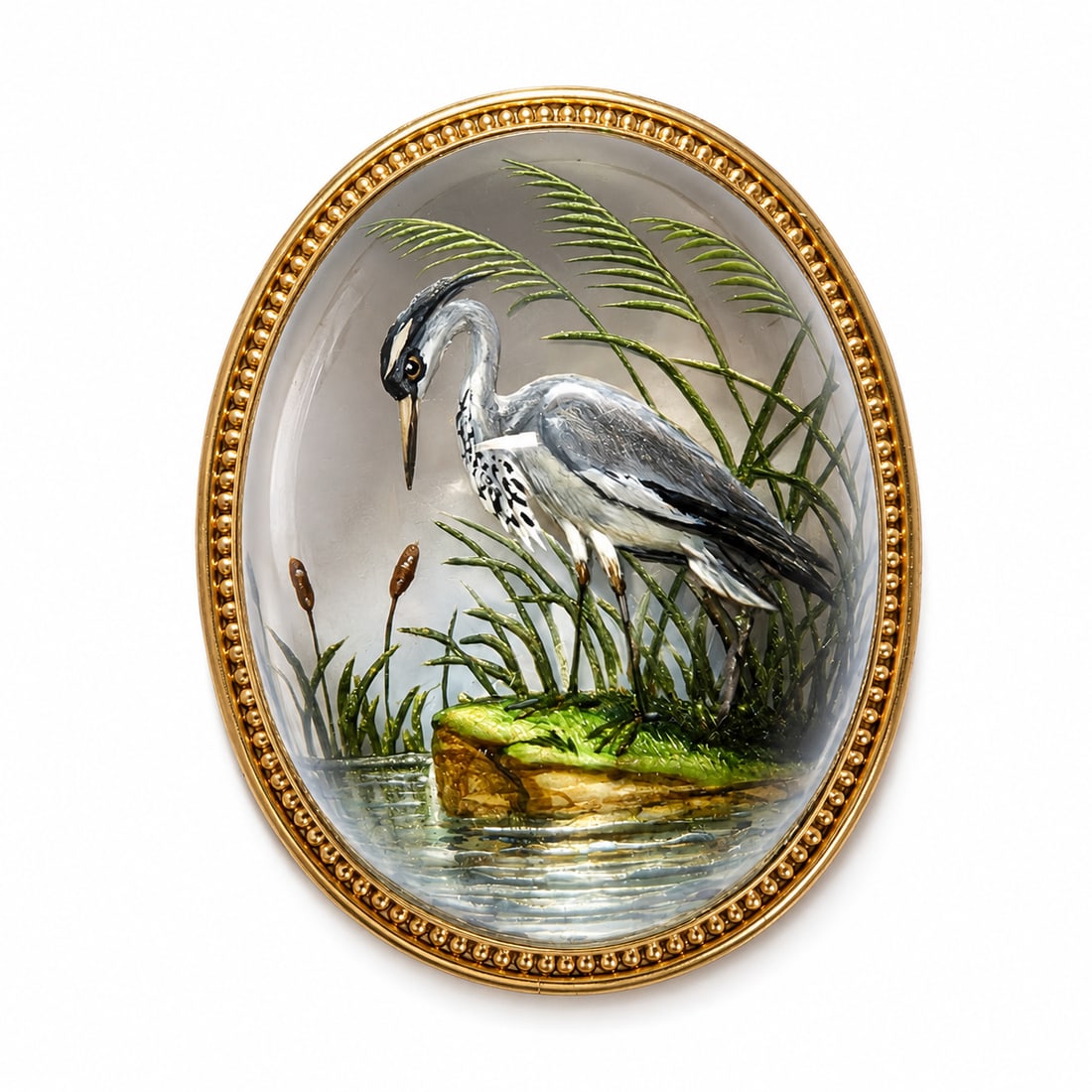 LARGE ANTIQUE ESSEX CRYSTAL REVERSE INTAGLIO HERON BROOCH/PENDANT, (1 of 1)