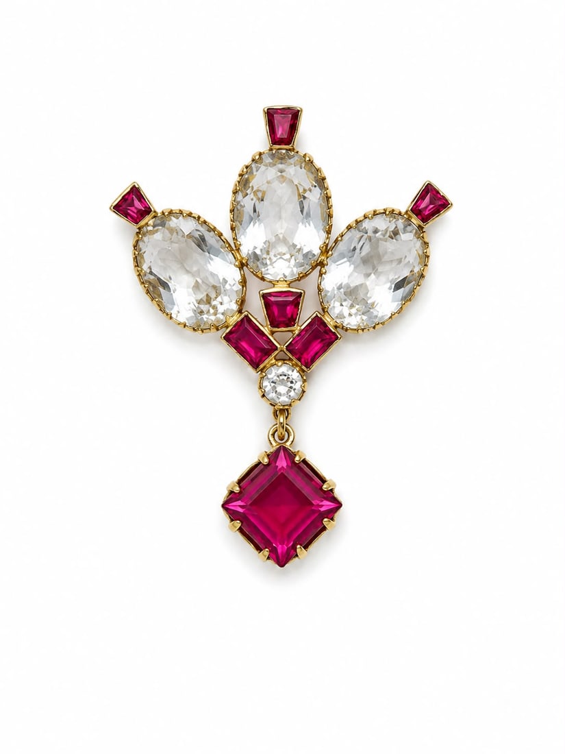 ANTIQUE AQUAMARINE AND RUBY TREFOIL BROOCH: ANTIQUE AQUAMARINE AND RUBY TREFOIL BROOCH,5.2 grams, testing 18 ct. gold.Lovely aquamarines.Rich and vibrant rubies (likely synthetic).W. 1.4 cm.