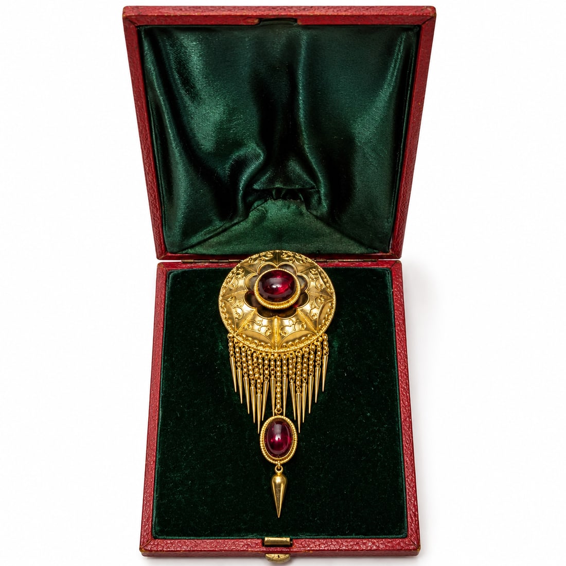 FINE GOLD VICTORIAN GARNET TASSELS BROOCH: FINE GOLD VICTORIAN GARNET TASSELS BROOCH 13.9 gramsvibrant garnets in great condition, fine craftsmanship L 7.4 cm fitted box