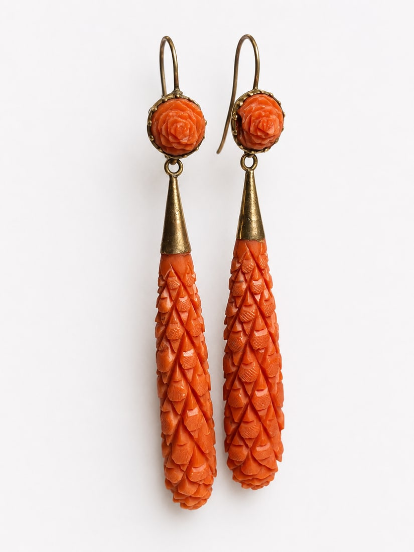 LARGE PAIR OF GEORGIAN CORAL DROP EARRINGS, (1 of 1)