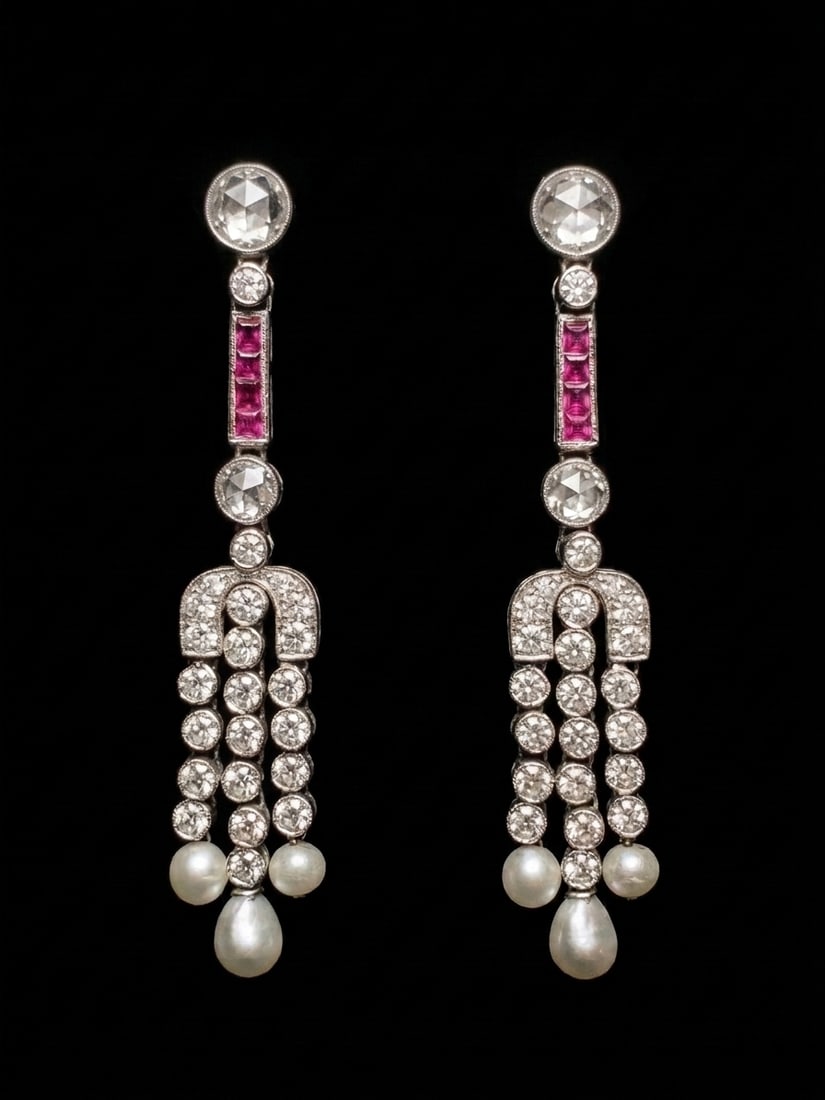 ELEGANT PAIR OF ART DECO DIAMOND, PEARL, RUBY AND ONYX EARRINGS.: ELEGANT PAIR OF ART DECO DIAMOND, PEARL, RUBY AND ONYX EARRINGS.6.4 grams platinum and high carat gold vibrant gemsin excellent condition fine craftsmanship L 4.2 cm