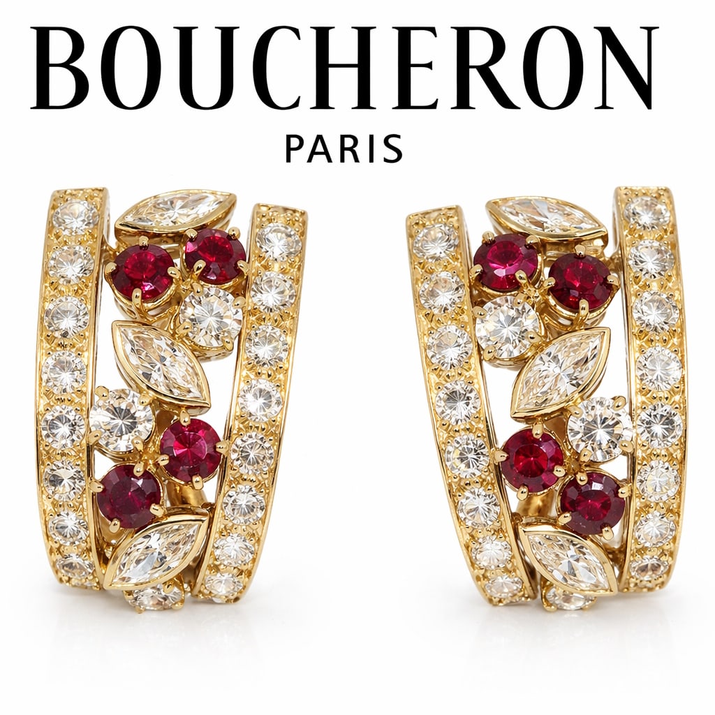 BOUCHERON, LARGE AND FINE PAIR OF RUBY AND DIAMOND EARRINGS,: BOUCHERON, LARGE AND FINE PAIR OF RUBY AND DIAMOND EARRINGS,19.1 grams, 18 ct. gold. French.Set with round and marquise shaped diamonds of high colour and clarity, totalling approx. 7.10
