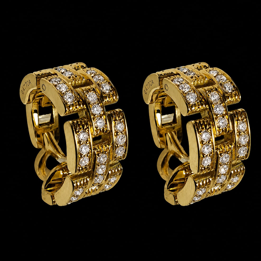 CARTIER, PAIR OF MAILLON PANTHERE DIAMOND EARRINGS,: CARTIER, PAIR OF MAILLON PANTHERE DIAMOND EARRINGS, 11.7 grams, 18 ct. gold.Diamonds bright and lively.Signed Cartier, numbered.L. 1.7 cm.