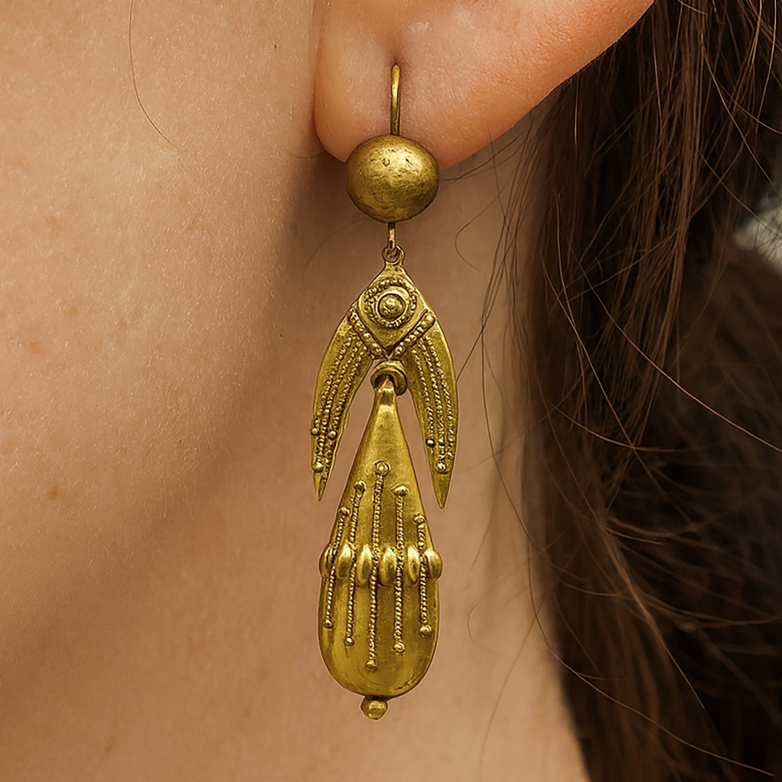 PAIR OF VICTORIAN ETRUSCAN REVIVAL EARRINGS: PAIR OF VICTORIAN ETRUSCAN REVIVAL EARRINGS,4 grams, testing high carat gold.Fine twisted rope decoration.L. 5.1 cm.