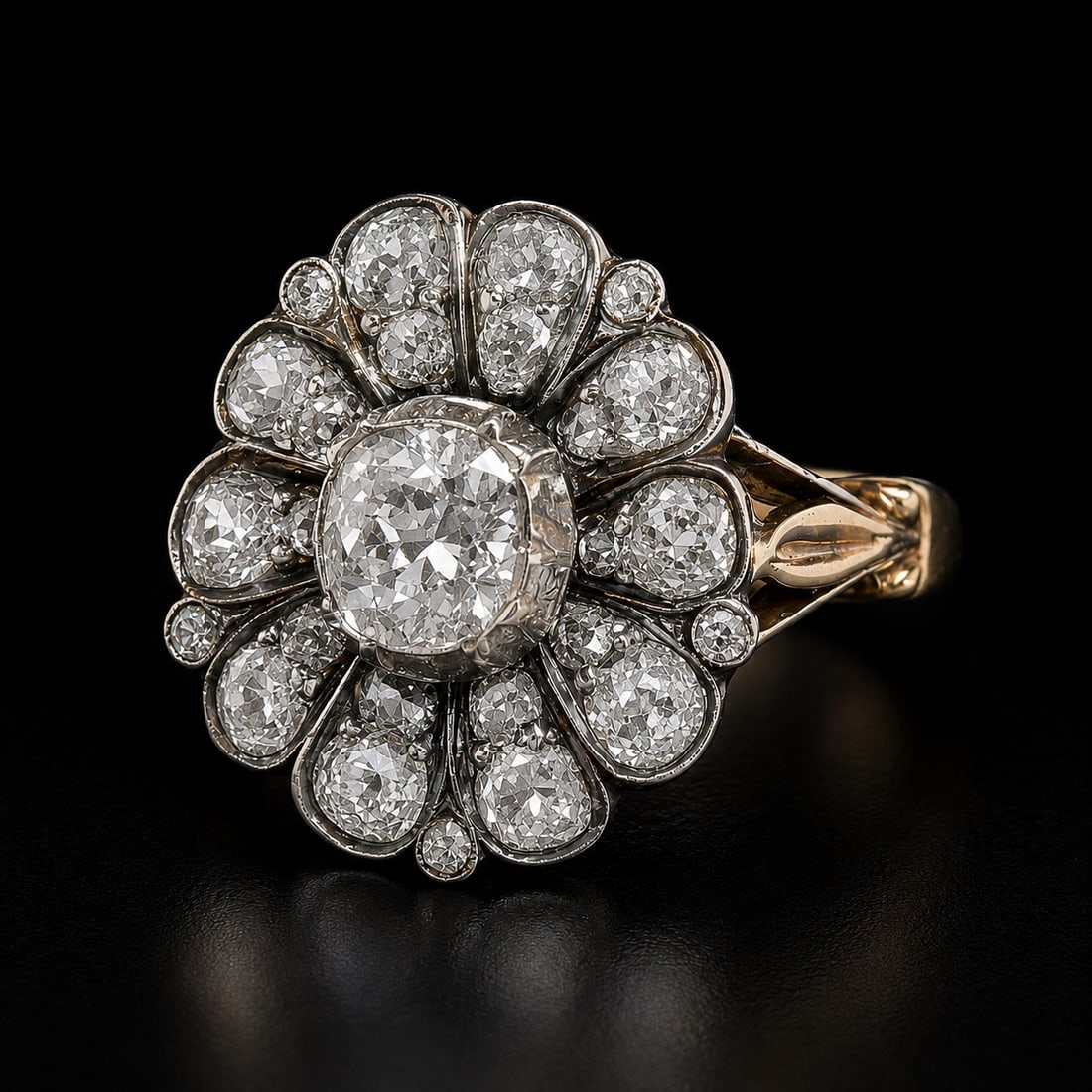 VICTORIAN DIAMOND FLORAL RING,: VICTORIAN DIAMOND FLORAL RING,5.4 grams, testing 18 ct. gold and silver.Bright and lively diamonds, totalling approx. 1.80 ct.Size M.