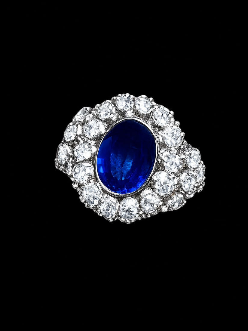SAPPHIRE AND DIAMOND CLUSTER RING,: SAPPHIRE AND DIAMOND CLUSTER RING,5,5 grams, testing platinum.Rich and vibrant sapphire of approx. 1.85 ct.Diamonds bright and lively.Size L 1/2.