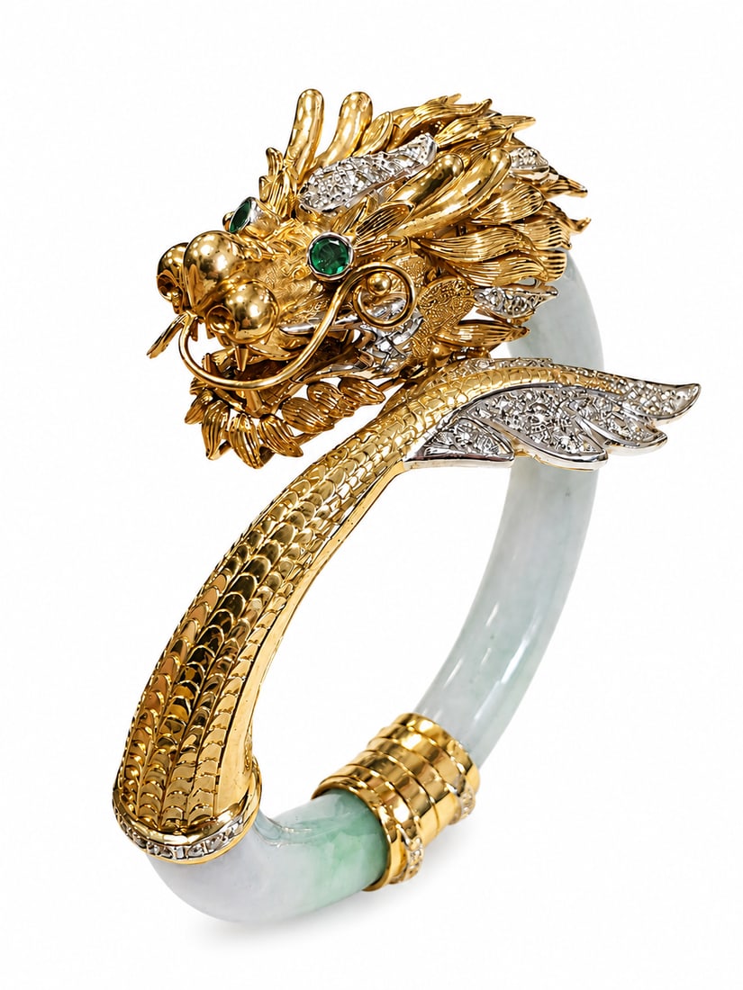 AN EXCEPTIONAL DIAMOND, EMERALD AND JADE DRAGON BANGLE (1 of 1)