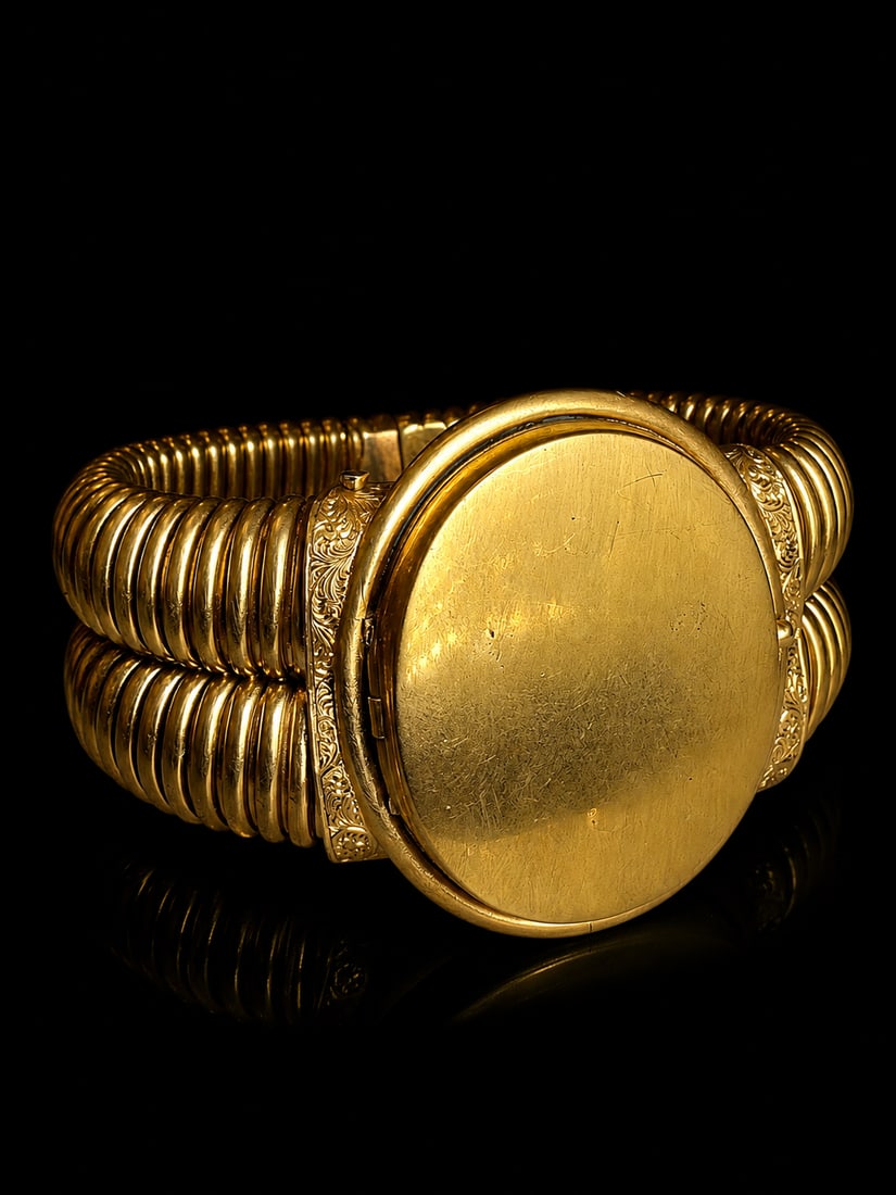 VICTORIAN YELLOW METAL OPENING BRACELET,: VICTORIAN YELLOW METAL OPENING BRACELET,104.8 grams.The top can be opened to reveal the inside locket/compartment.The bracelet of double row tubogas link design.L. 19 cm.