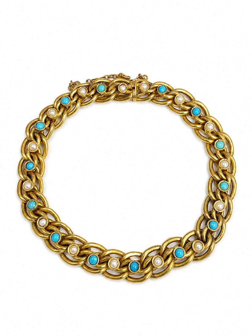 VICTORIAN GOLD TURQUOISE AND SEED PEARL BRACELET: VICTORIAN GOLD TURQUOISE AND SEED PEARL BRACELET12.1 gram 15 ctSet with vibrant turquoise and pearls of good lustre and skin L 16 cm in excellent conditio