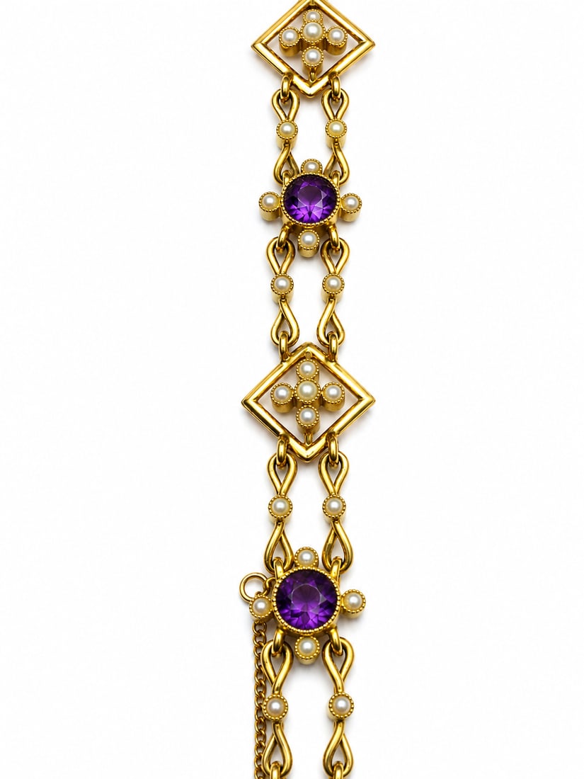 ART-NOUVEAU AMETHYST AND PEARL BRACELET,: ART-NOUVEAU AMETHYST AND PEARL BRACELET,15,6 grams, 15 ct. gold.Rich and vibrant amethyst.Pearls generally well matched.L. 17.5 cm.