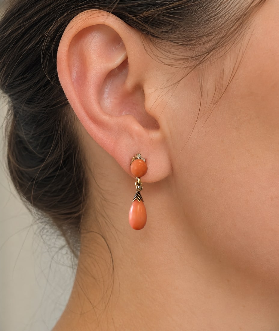 PAIR OF FRENCH CORAL ENAMEL AND DIAMOND DROP EARRINGS,: PAIR OF FRENCH CORAL ENAMEL AND DIAMOND DROP EARRINGS,4 grams, 18 ct. gold.Lovely corals.Enamel in good condition.Bright and lively diamonds.L. 2.7 cm.