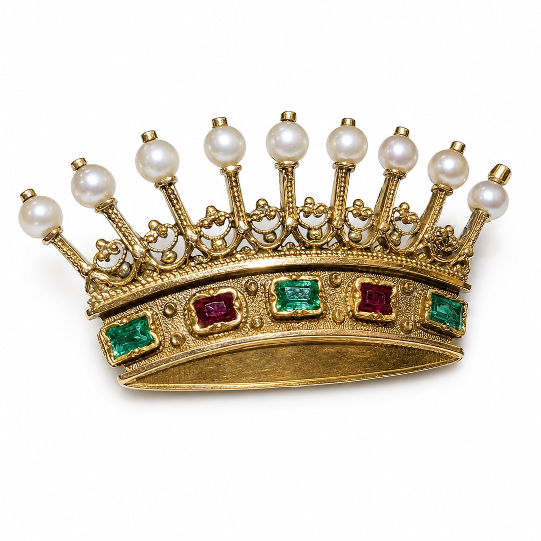 LOVELY EMERALD RUBY AND PEARL CROWN BROOCH: LOVELY EMERALD RUBY AND PEARL CROWN BROOCH,9.3 grams, testing 15 ct. gold.Lovely emeralds and rubies.Pearls untested.Removable brooch fitting.W. 4.3 cm.