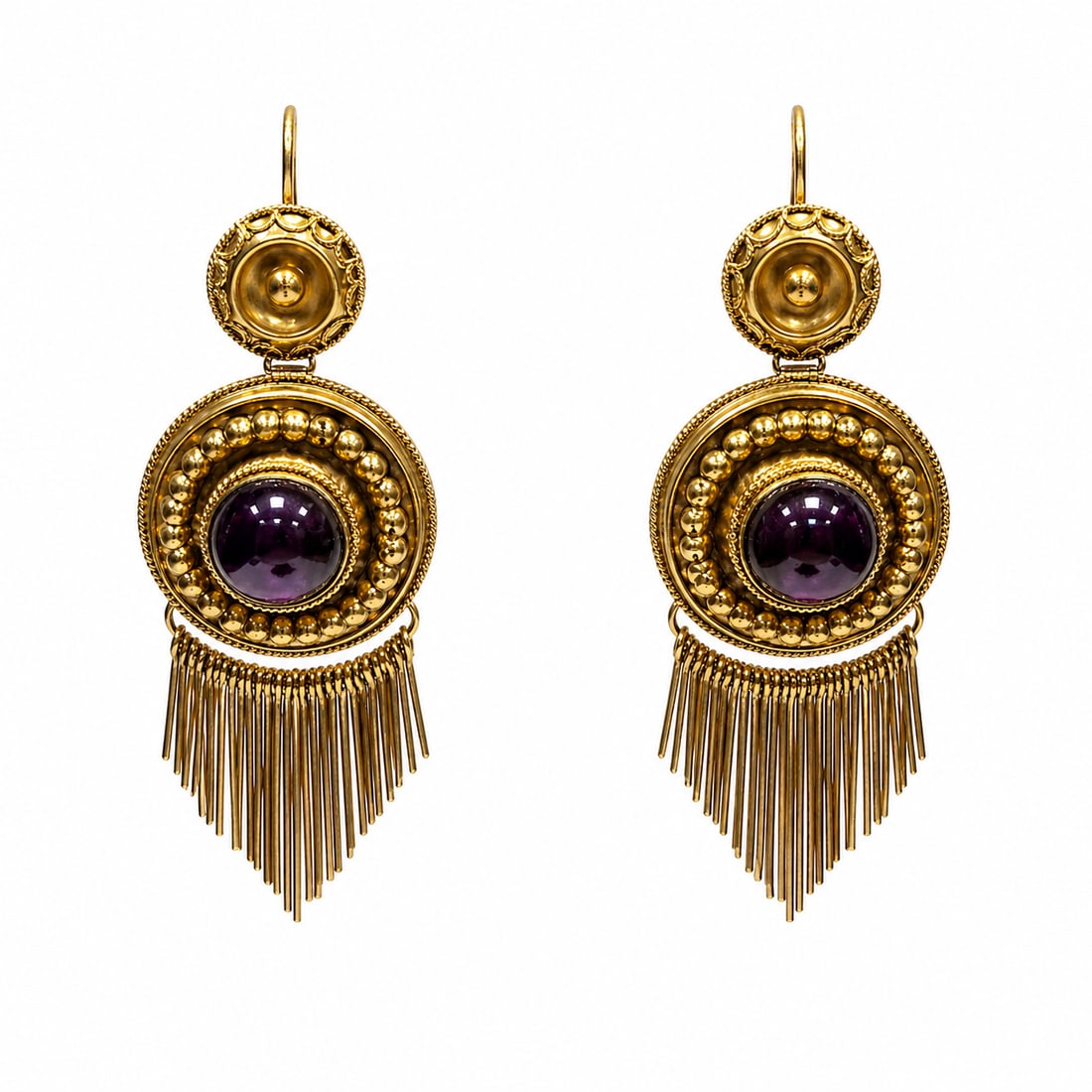 ELEGANT PAIR OF VICTORIAN GARNET TASSEL EARRINGS: ELEGANT PAIR OF VICTORIAN GARNET TASSEL EARRINGS 7.7 grams high carat gold matching garnets fine craftsmanship in great condition L 5 cm