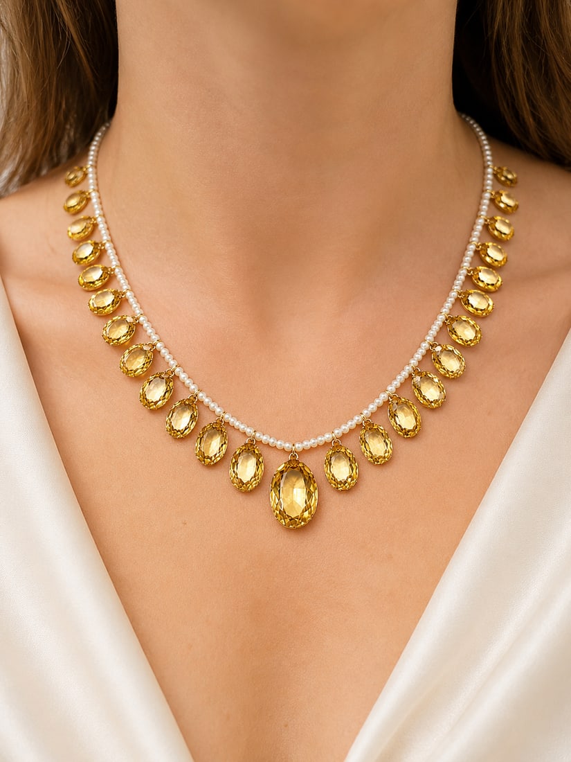 CITRINE AND PEARL NECKLACE,: CITRINE AND PEARL NECKLACE,18.6 grams.The pearl necklace suspending 25 graduated citrine drops.L. 40 cm.