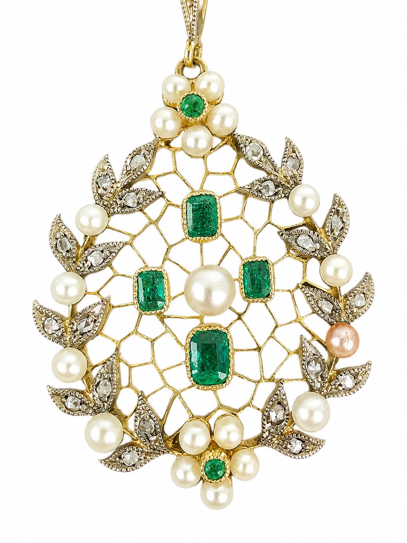 ANTIQUE EMERALD, DIAMOND AND PEARL PENDANT NECKLACE (1 of 1)
