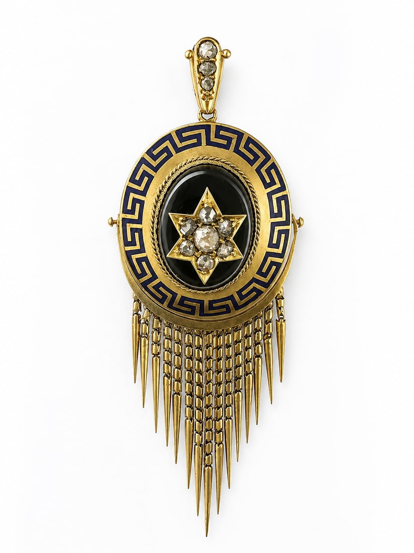 VICTORIAN ENAMEL AND DIAMOND TASSEL DROP PENDANT: VICTORIAN ENAMEL AND DIAMOND TASSEL DROP PENDANT,13.2 grams, testing 15 ct. gold.Diamonds bright and lively.the central diamond star section on a sardonyx background.The surmount with blue enamel.Fine