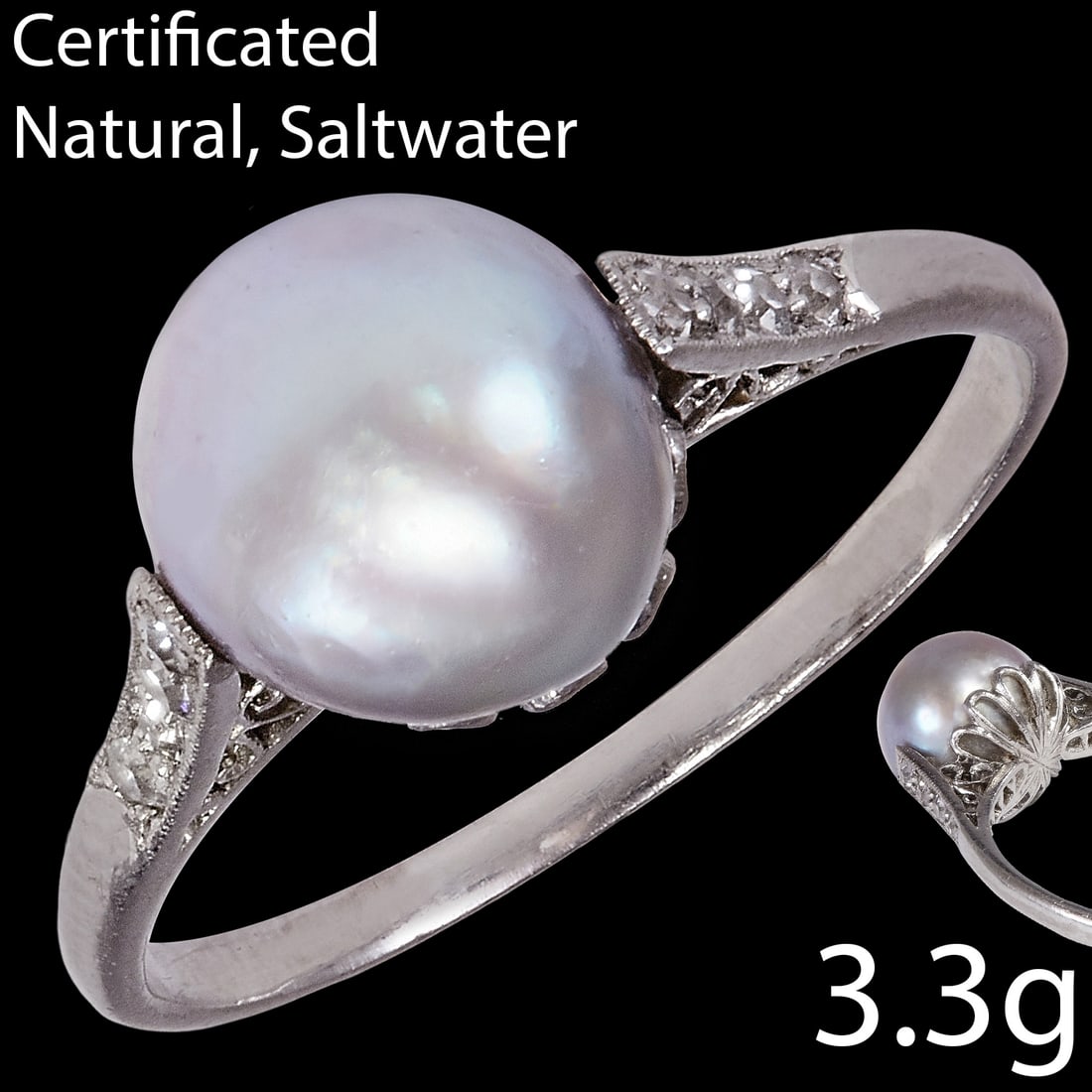 NATURAL SALTWATER PEARL AND DIAMOND RING: NATURAL SALTWATER PEARL AND DIAMOND RING,Platinum.3.3 grams. Pearl of approx. 8.9 x 8.9 x 8.9 mm of good luster and skin. (Certificated, natural, Saltwater).Diamonds bright and lively.Size P.See certi