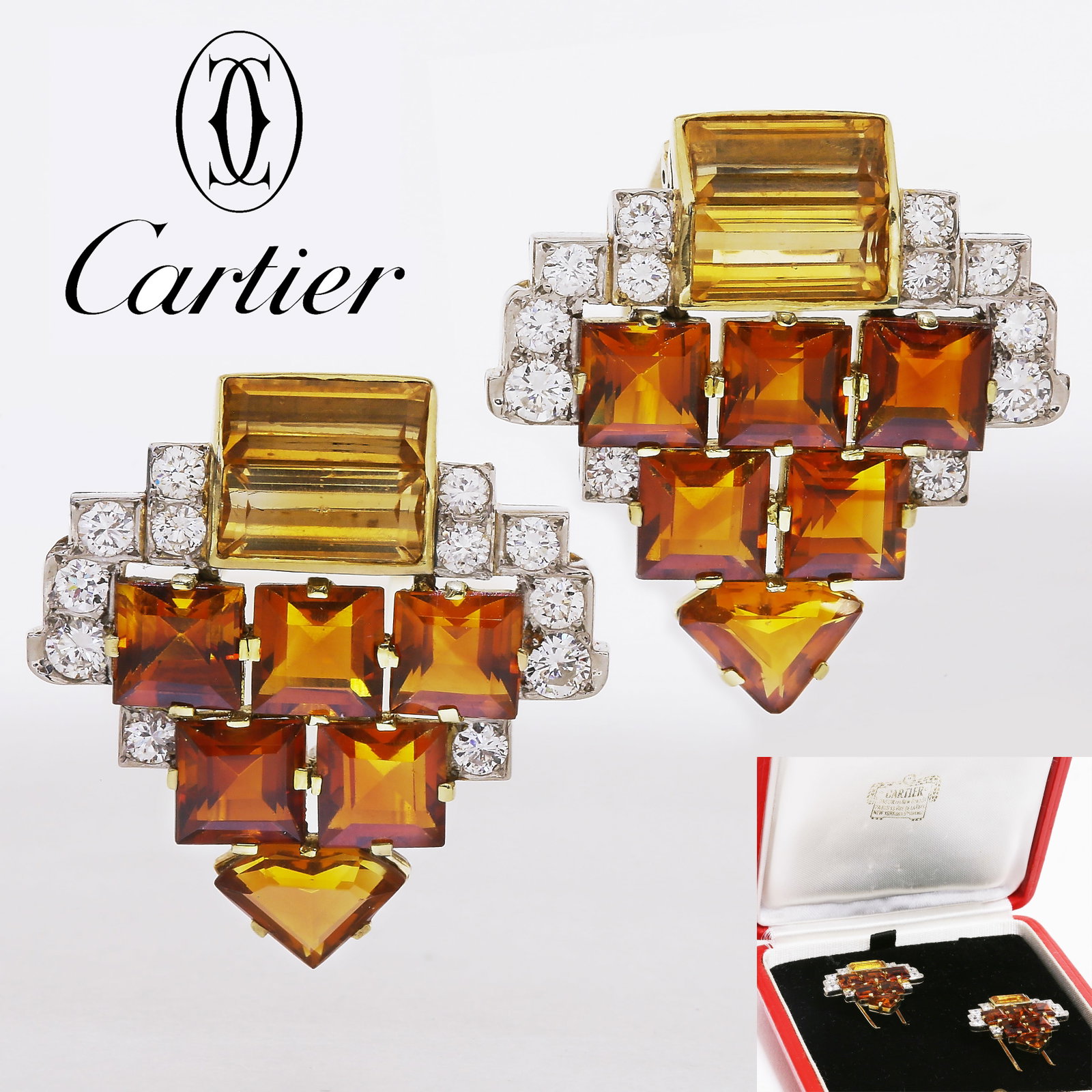 CARTIER LONDON, PAIR OF RETRO CITRINE AND DIAMOND CLIP BROOCHES,: CARTIER LONDON, PAIR OF RETRO CITRINE AND DIAMOND CLIP BROOCHES,18.1 grams, 18 ct. gold.Vibrant citrines, in triangular, square and baguette cut.Diamonds bright and lively.Signed Cartier London.L. 2.8