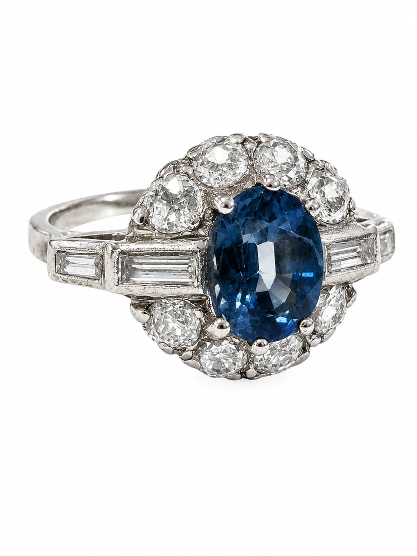 SAPPHIRE AND DIAMOND CLUSTER RING,: SAPPHIRE AND DIAMOND CLUSTER RING,4,8 grams, testing 18 ct. gold.Rich and vibrant sapphire of approx. 1.70 ct.Diamonds bright and lively.Size N 1/2.