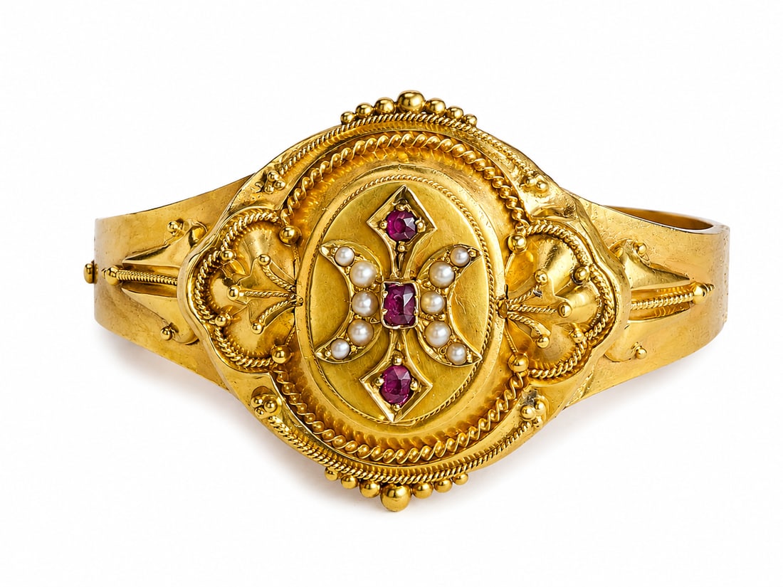 ETRUSCAN RUBY AND PEARL GOLD HINGED BANGLE (1 of 1)
