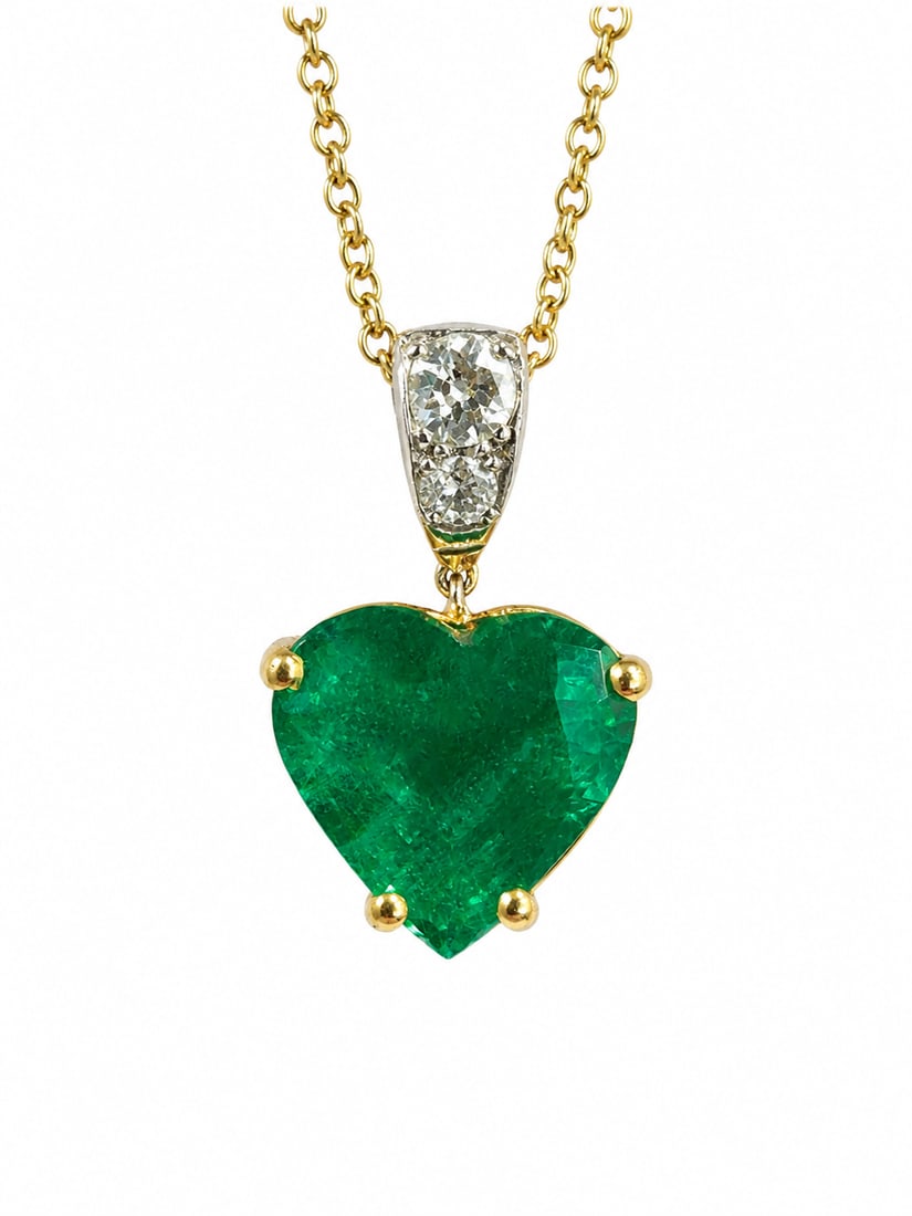 CERTIFICATED HEART SHAPED EMERALD AND DIAMOND PENDANT NECKLACE (1 of 1)