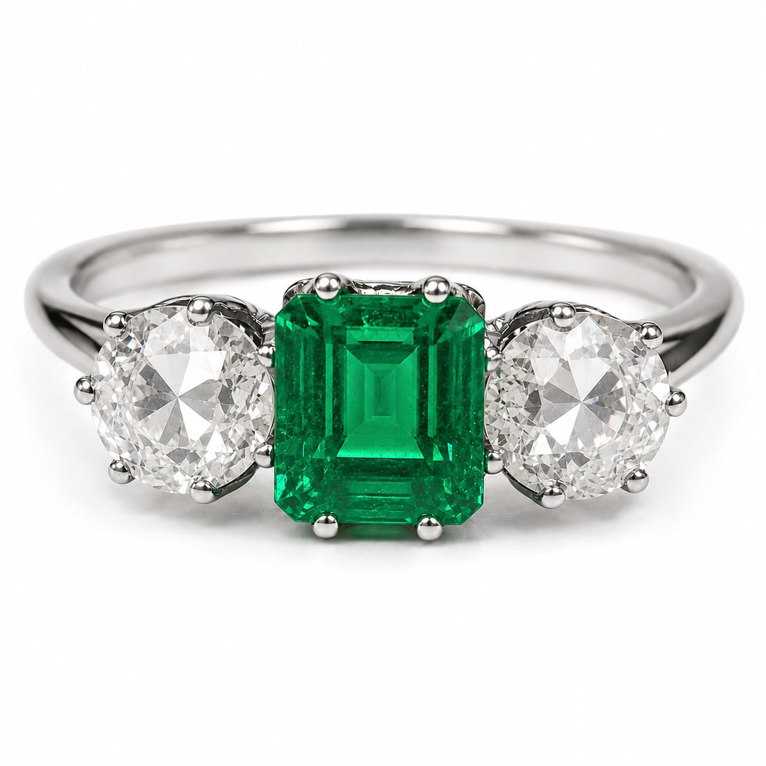 EMERALD AND DIAMOND 3-STONE RING, (1 of 1)