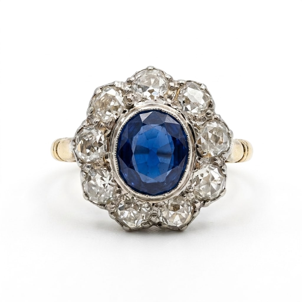 FINE ANTIQUE SAPPHIRE AND DIAMOND CLUSTER RING (1 of 1)