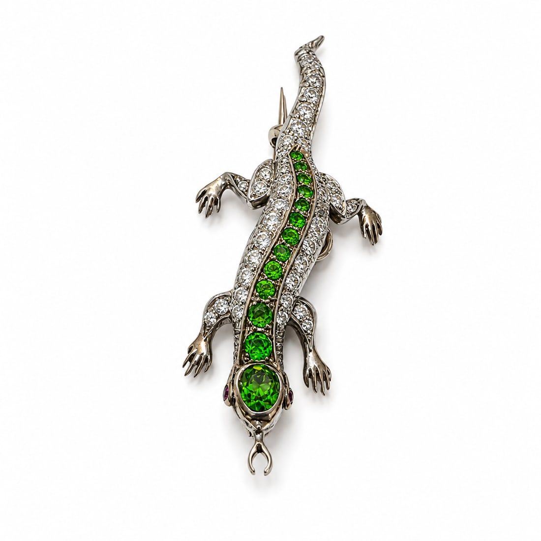ALABASTER & WILSON, VICTORAIN DEMANTOID GARNET AND DIAMOND LIZARD BROOCH: ALABASTER & WILSON, VICTORAIN DEMANTOID GARNET AND DIAMOND LIZARD BROOCH,7.4 grams, testing high carat gold and silver.Rich and vibrant demantoid garnets.Diamonds bright and lively.Makers mark A&W.L.