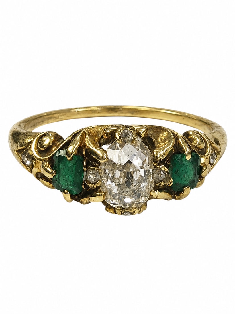 ELEGANT 19TH CENTURY EMERALD AND DIAMOND RING: ELEGANT 19TH CENTURY EMERALD AND DIAMOND RING 3.4 grams high carat gold bright lively old cut diamond vibrant matching emeralds size L1/2