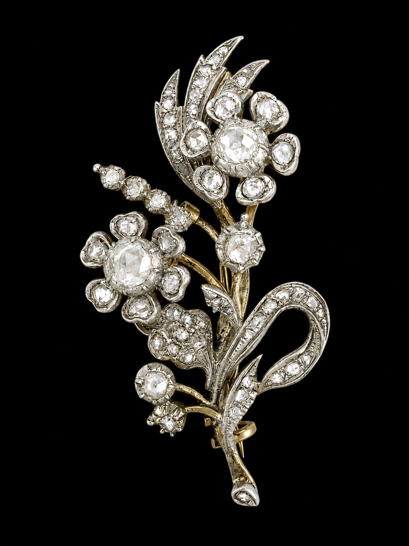 VICTORIAN EN TREMBLANT DIAMOND SET FLOWER SPRAY BROOCH: VICTORIAN EN TREMBLANT DIAMOND SET FLOWER SPRAY BROOCH 14.7 grams bright lively rose cut diamonds in great condition L 6 cm