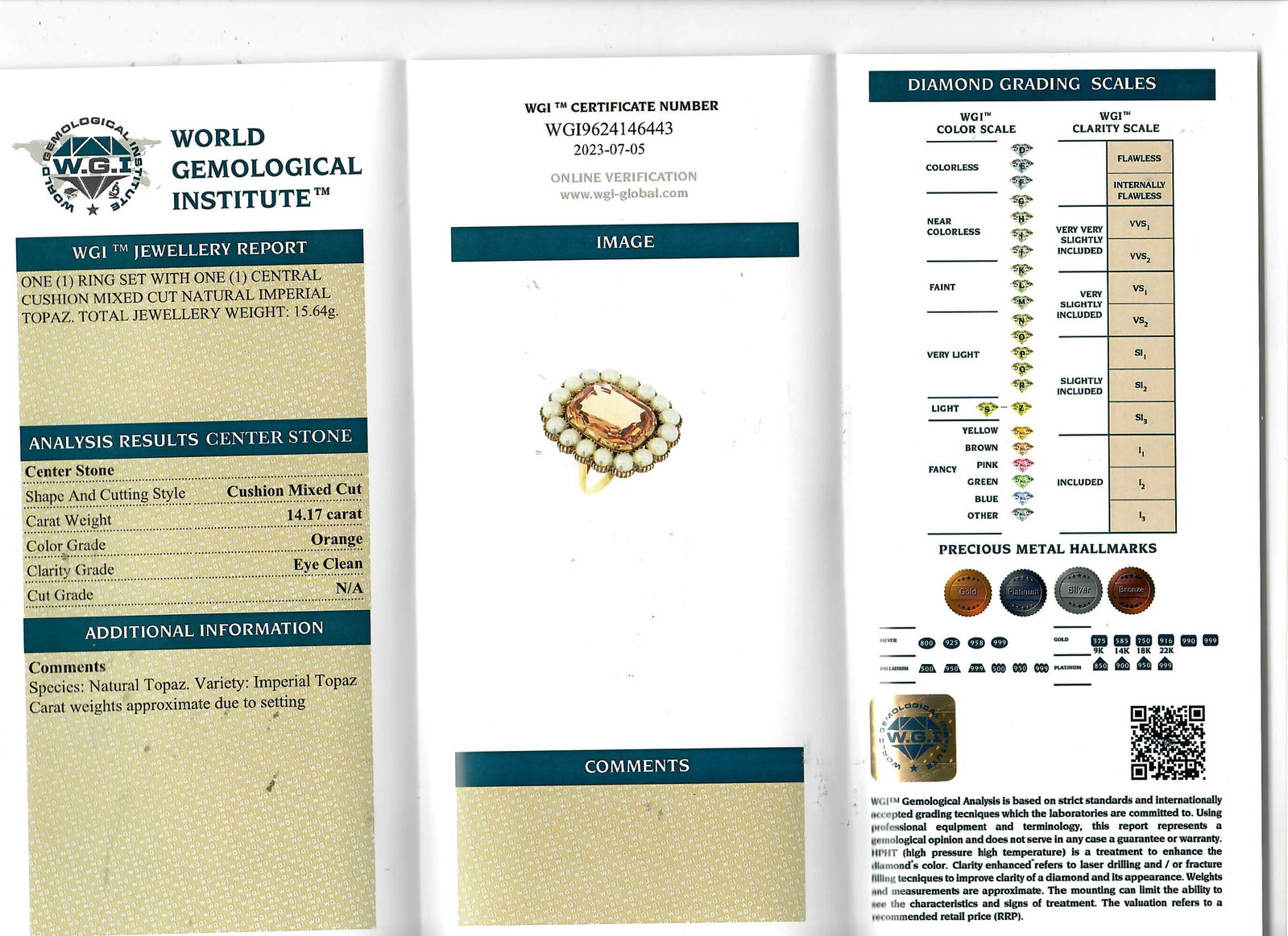 CERTIFICATED IMPERIAL TOPAZ AND DIAMOND RING,: CERTIFICATED IMPERIAL TOPAZ AND DIAMOND RING,7,5 grams, testing platinum.Fine imperial topaz of approx. 14.15 ct. (Certificated, Imperial topaz.).Diamonds bright and lively.Size R.See certificate.