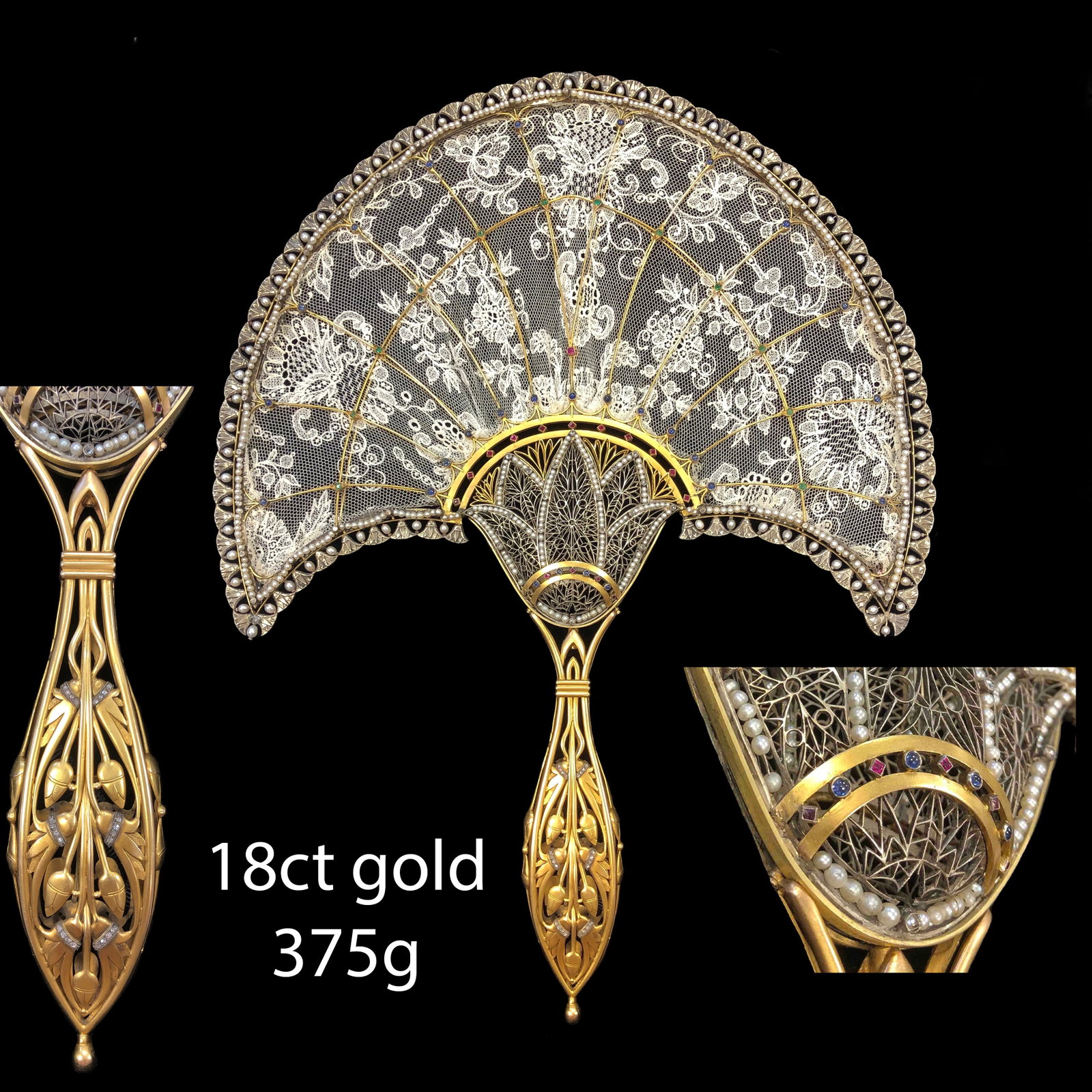 MAGNIFICENT GOLD, ART-NOUVEAU GEM SET HAND FAN,: MAGNIFICENT GOLD, ART-NOUVEAU GEM SET HAND FAN,18 ct. gold and silver.It is an incredible Art-nouveau piece of the highest quality and exceptional size and workmanship.Decorated and fine work on both