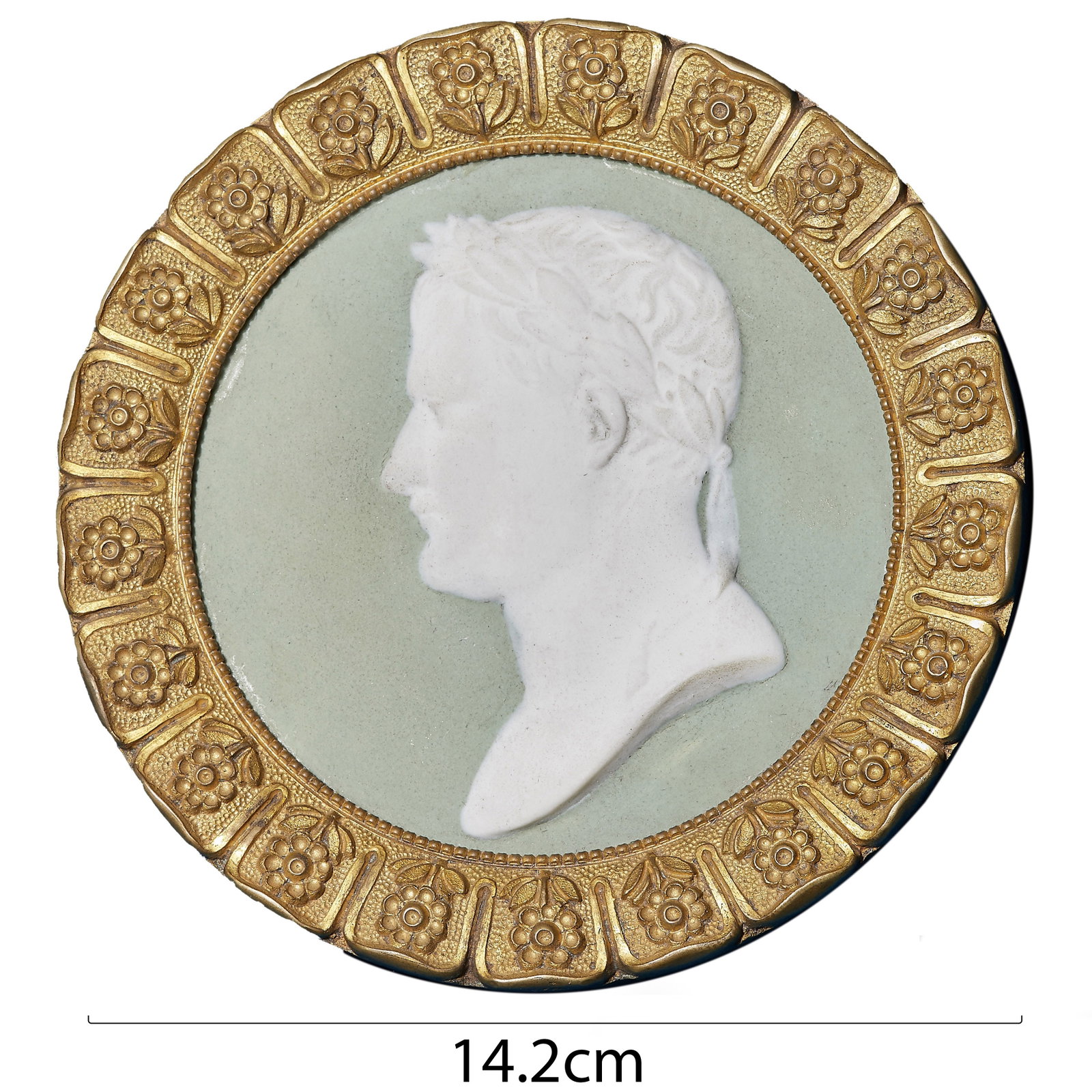 CAMEO PLAQUE, PRESUMABLY WEDGEWOOD,: CAMEO PLAQUE, PRESUMABLY WEDGEWOOD, The circular jasperware cameo plaque depicting a classical profile portrait of a Roman emperor, executed in white relief against a pale celadon green ground. The