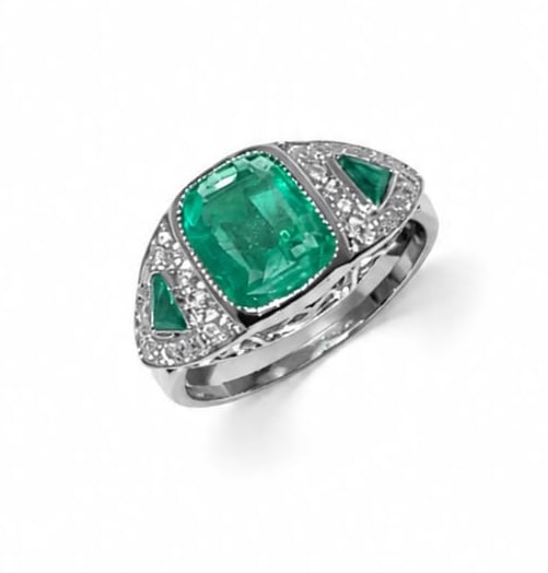 ART-DECO EMERALD AND DIAMOND RING,: ART-DECO EMERALD AND DIAMOND RING,4,7 grams, testing platinum.Rich and vibrant emeralds, Central emerald of approx. 1.90 ct.Diamonds bright and lively.Size P.