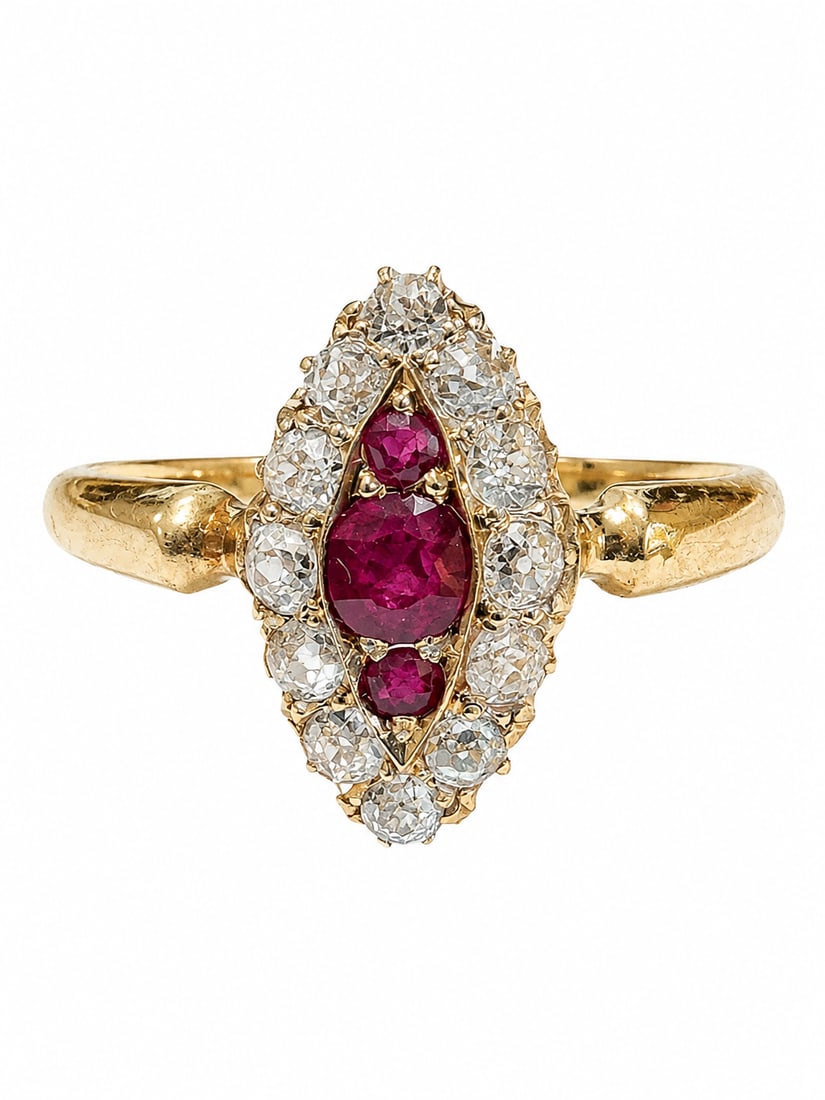 RUBY AND DIAMOND MARQUISE SHAPED RING,: RUBY AND DIAMOND MARQUISE SHAPED RING,3,3 grams, 18 ct. gold.Rich and vibrant rubies.Diamonds bright and lively.L. head 1.5 cm.Size P 1/2.