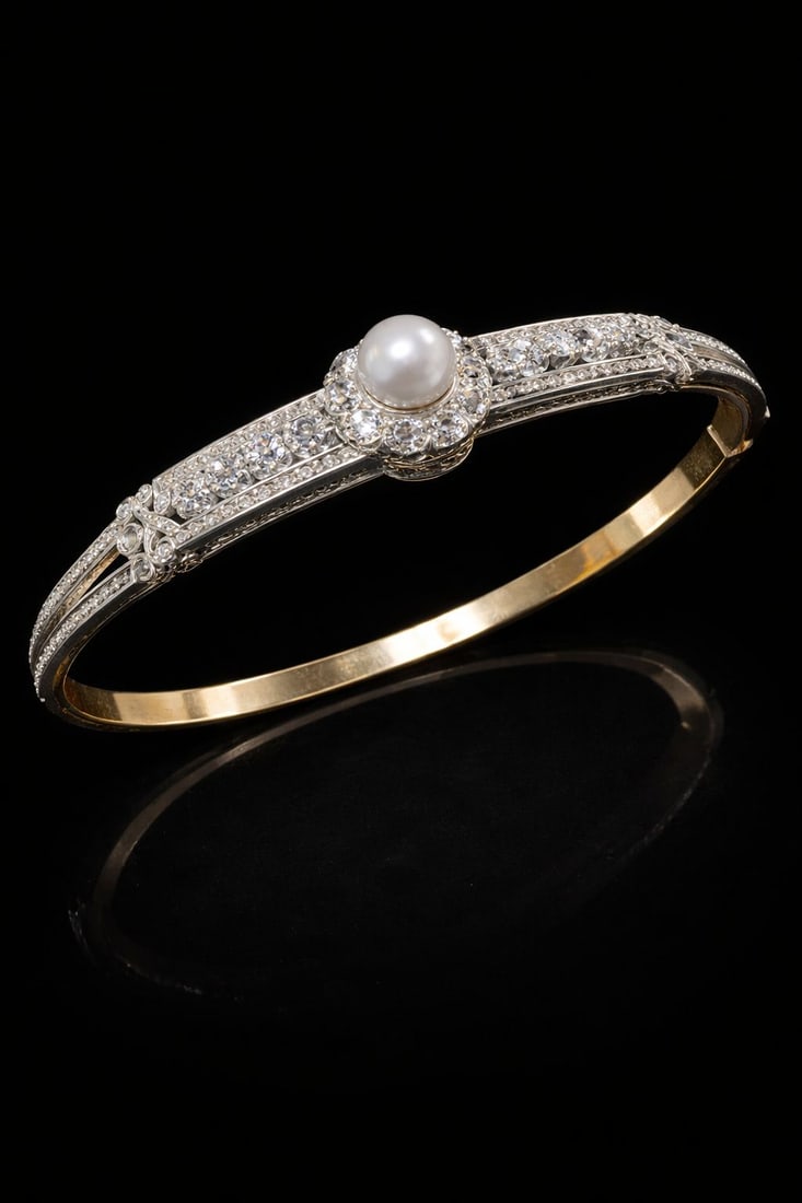 ELEGANT CERTIFICATED NATURAL SALTWATER PEARL AND DIAMOND BANGLE (1 of 1)