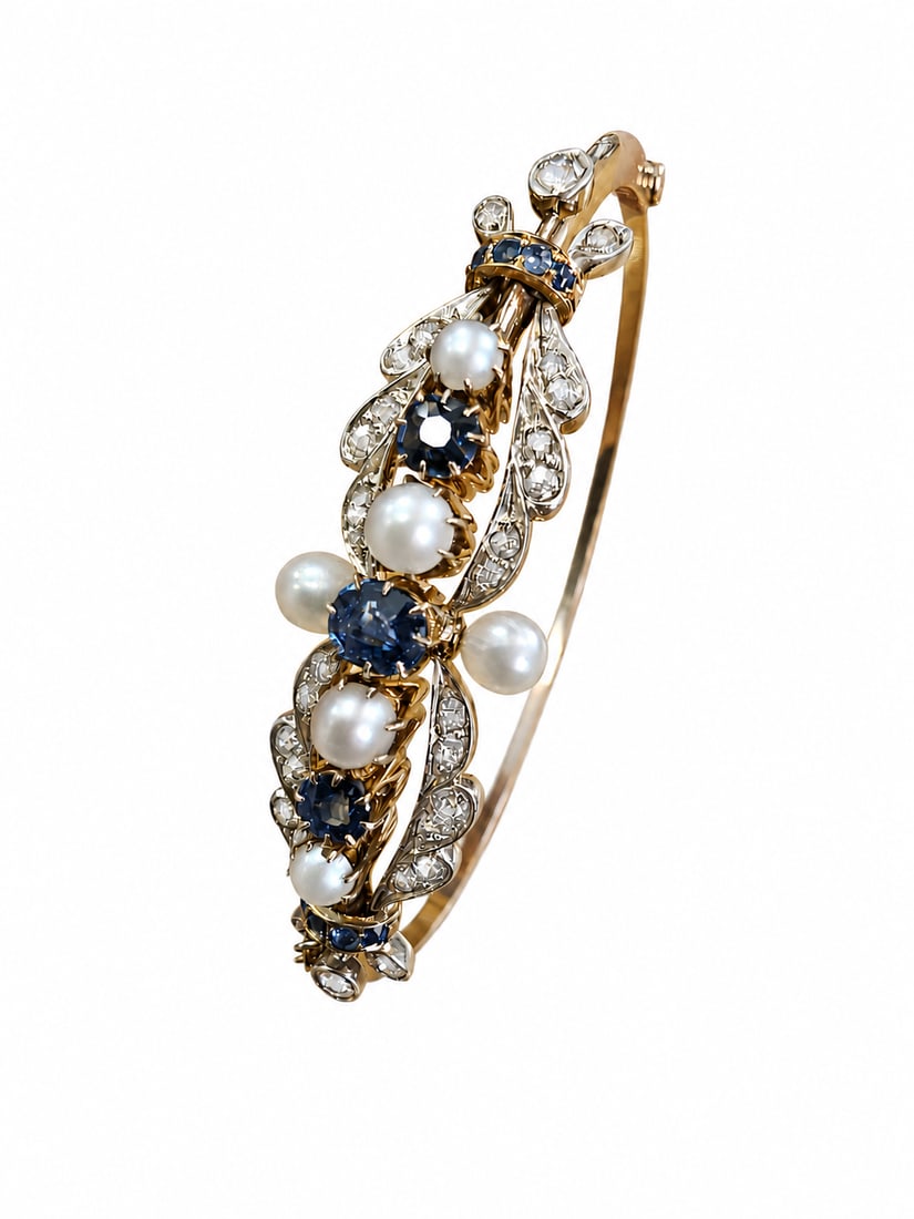 EDWARDIAN SAPPHIRE, DIAMOND AND PEARL HINGED BANGLE (1 of 1)