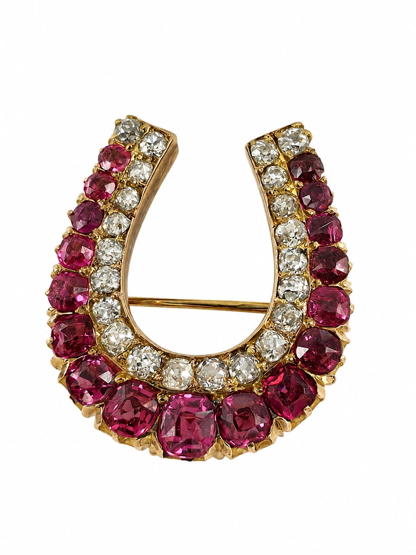 FINE EARLY 20TH CENTURY RUBY AND DIAMOND HORSESHOE: FINE EARLY 20TH CENTURY RUBY AND DIAMOND HORSESHOE BROOCH 7.1 grams rich vibrant rubies, approx 3 ct bright lively old cut diamonds approc 1.10 ct in excellent condition L 2.8 cm