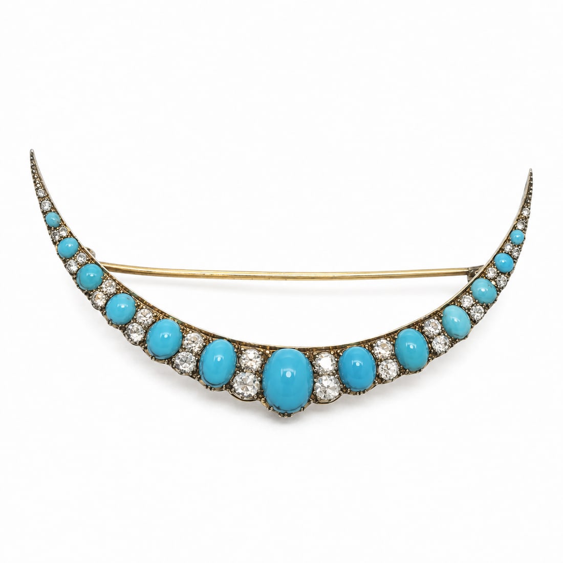 LARGE VICTORIAN TURQUOISE AND DIAMOND CRESCENT BROOCH: LARGE VICTORIAN TURQUOISE AND DIAMOND CRESCENT BROOCH,9.8 grams, testing high carat gold.Bright and lively diamonds.Rich and vibrant turquoise.W. 6.6 cm.