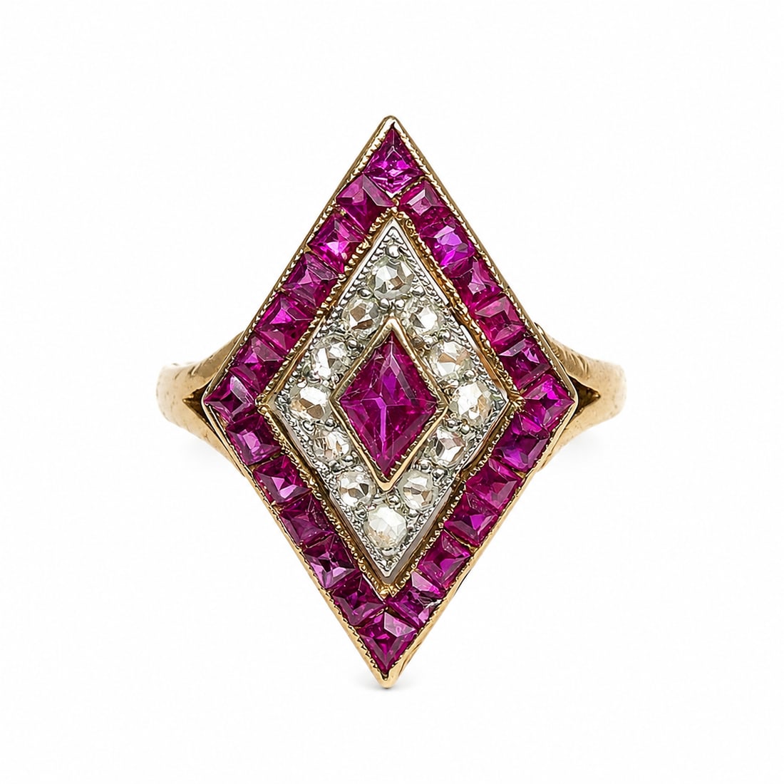 ART-DECO RUBY AND DIAMOND MARQUISE SHAPED RING: ART-DECO RUBY AND DIAMOND MARQUISE SHAPED RING,3,3 grams, testing 18 ct. gold.Rich and vibrant rubies.Diamonds bright and lively.L. head 2 cm.Size H.