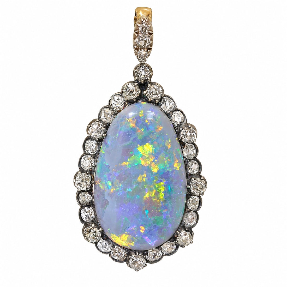 FANTASTIC ANTIQUE BLACK OPAL AND DIAMOND PENDANT: FANTASTIC ANTIQUE BLACK OPAL AND DIAMOND PENDANT,8,5 grams, testing high carat gold and silver.Fantastic large black opal of approx. 16 ct. with great play of colour.Bright and lively old cut diamonds